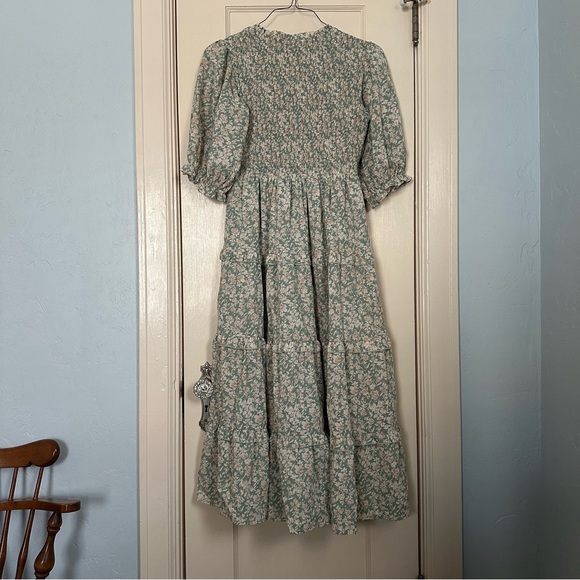 Polagram Dress Floral Green Maxi Smocked Bodice Three Tiered RuffleS Size M - Picture 3 of 15